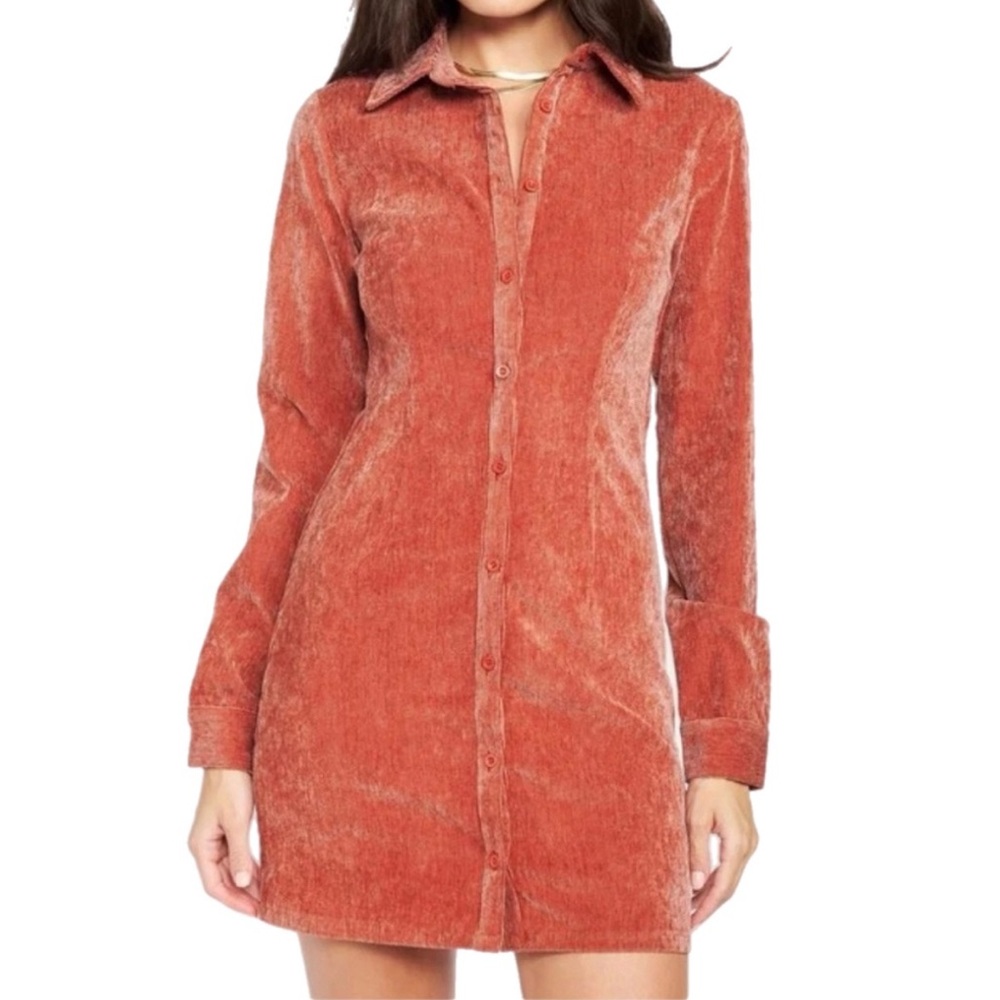 Corduroy Collared Mini Dress Long Sleeve Stretch Burnt Orange Size Medium